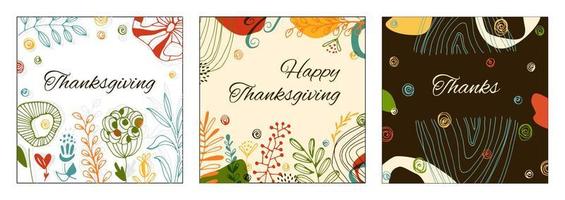 Hand drawn illustration Happy Thanksgiving typography poster. Set of cards with a festive quote on a background of flowers and leaves. vector