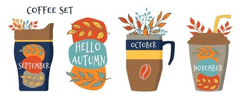 Set of coffee cups with leaves isolated on white background. Seasonal concept Hello Autumn. vector