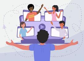 Online communication via video conference with people from different countries, vector illustration concept. A man happily greets his messenger friends.
