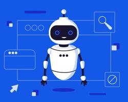 Chat bot robot say hi vector flat cartoon character illustration on blue background speak bubble voice support service chat bot virtual online help customer support