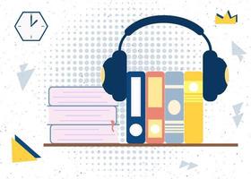 Audiobooks stack of books in headphones vector illustration concept. Design template element for podcast audio book bookstore website.