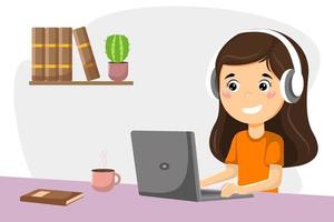 Online learning young girl studying at a laptop vector illustration concept