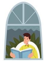 A guy in bright clothes is reading in front of the window. vector