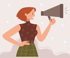 Red-haired girl with a loudspeaker. A woman shouts for her rights. vector