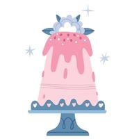 Big pink cake with a blue flower on a lace stand. Wedding cupcake. Girl's birthday. vector