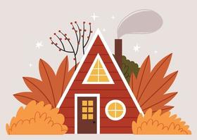 Red triangular house in the middle of the autumn forest. Scandinavian cute illustration. vector