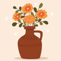 Dahlias in a clay jug. Autumn bouquet in a vase. Scandinavian style. vector