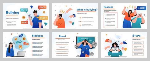 Bullying concept for presentation slide template. People suffer from abuse and problems at school, work or Internet. Toxic communication, depression and stress. Vector illustration for layout design