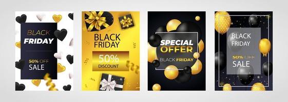 Black Friday Sale set of posters or flyers design with balloons and confetti. Black Friday cover design. Sale discount prices announcement brochure layout. Vector illustration with realistic elements.