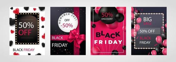 Black Friday Sale set of posters or flyers design with balloons and confetti. Black Friday cover design. Sale discount prices announcement brochure layout. Vector illustration with realistic elements.