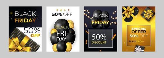 Black Friday Sale set of posters or flyers design with balloons and confetti. Black Friday cover design. Sale discount prices announcement brochure layout. Vector illustration with realistic elements.