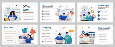 Office work concept for presentation slide template. Employees working at laptops, perform tasks, paperwork, make reports and presentations at business meeting. Vector illustration for layout design