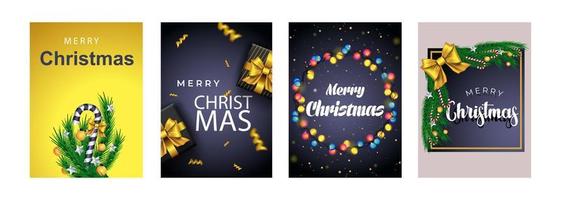 Feliz Navidad conjunto de carteles o volantes diseño de tarjetas de felicitación con rama de árbol y bola de Navidad. diseño de portada de año nuevo 2022. diseño de folleto de Navidad. ilustración vectorial con elementos realistas. vector