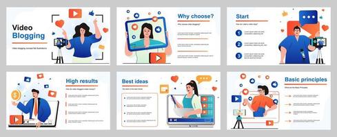 Video blogging concept for presentation slide template. People creating videos on different topics. Bloggers are recording content or streaming live at channels. Vector illustration for layout design