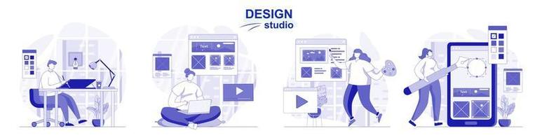 estudio de diseño aislado en diseño plano. la gente dibuja elementos gráficos y crea contenido web, colección de escenas. ilustración vectorial para blogs, sitios web, aplicaciones móviles, materiales promocionales. vector