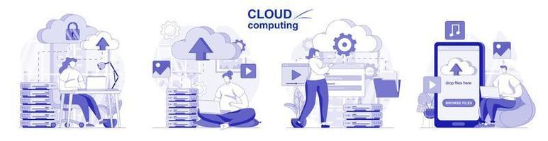 Cloud computing isolated set in flat design. People upload files, storage and processing data collection of scenes. Vector illustration for blogging, website, mobile app, promotional materials.