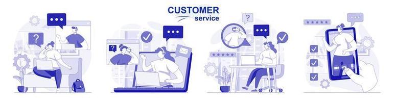 Customer service isolated set in flat design. People advice and support, operator call center, collection of scenes. Vector illustration for blogging, website, mobile app, promotional materials.