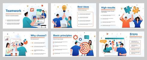 Teamwork concept for presentation slide template. People work together, generate ideas, discuss tasks, analyze data, targeting, achieving goals, collaboration. Vector illustration for layout design