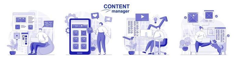 Content manager isolated set in flat design. People drawing pictures and graphic elements site, collection of scenes. Vector illustration for blogging, website, mobile app, promotional materials.