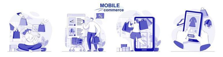 Mobile commerce isolated set in flat design. People shopping in mobile app, e-commerce, e-business, collection of scenes. Vector illustration for blogging, website, mobile app, promotional materials.