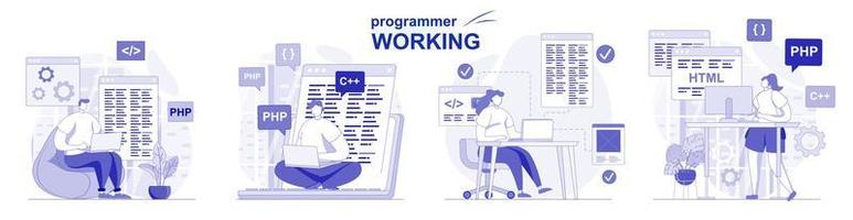 programador que trabaja aislado en diseño plano. codificación de personas, pruebas, programación de software, recopilación de escenas. ilustración vectorial para blogs, sitios web, aplicaciones móviles, materiales promocionales. vector