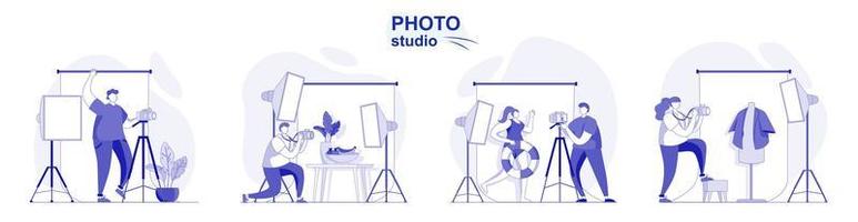 Photo studio isolated set in flat design. People take photos on professional camera with lights, collection of scenes. Vector illustration for blogging, website, mobile app, promotional materials.