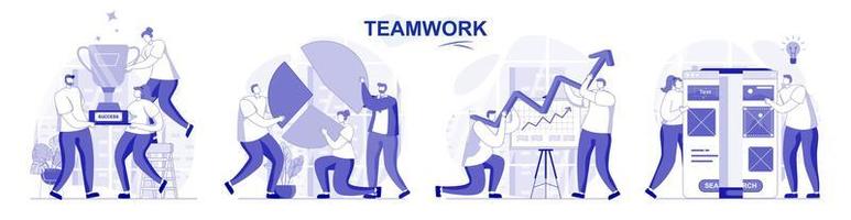 Teamwork isolated set in flat design. People brainstorming, collaboration, work at office together, collection of scenes. Vector illustration for blogging, website, mobile app, promotional materials.