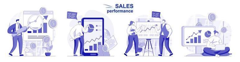 Sales performance isolated set in flat design. People analyzing financial data, earnings increase , collection of scenes. Vector illustration for blogging, website, mobile app, promotional materials.