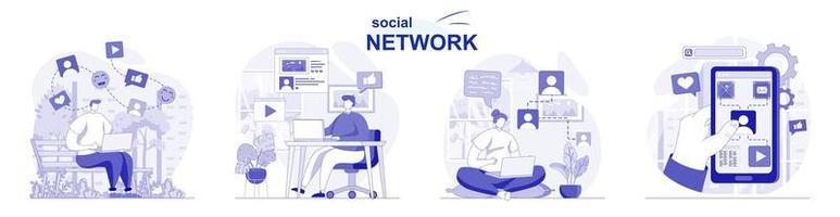 Social network isolated set in flat design. People chatting with friends, browsing, post photos, collection of scenes. Vector illustration for blogging, website, mobile app, promotional materials.