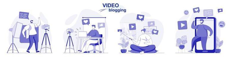 videoblogging aislado en diseño plano. la gente graba videos, los bloggers crean contenido de blog, colección de escenas. ilustración vectorial para blogs, sitios web, aplicaciones móviles, materiales promocionales. vector