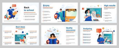 Back to school concept for presentation slide template. Pupils go to lessons, schoolgirls and schoolboys study. Students learning, receive education at college. Vector illustration for layout design