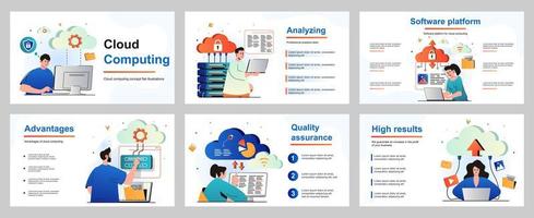 concepto de computación en la nube para la plantilla de diapositiva de presentación. personas que cargan archivos, almacenan datos en el servidor y procesan información, utilizando tecnología en la nube. ilustración vectorial para el diseño de diseño vector