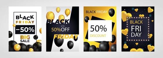 Black Friday Sale set of posters or flyers design with balloons and confetti. Black Friday cover design. Sale discount prices announcement brochure layout. Vector illustration with realistic elements.