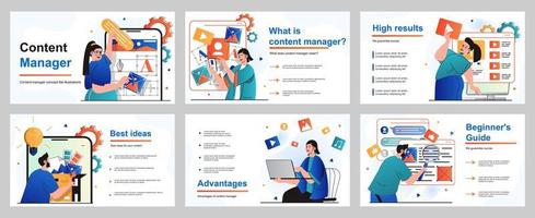 Content manager concept for presentation slide template. People selects colors and generates ideas, creates graphics elements and pictures for filling website. Vector illustration for layout design