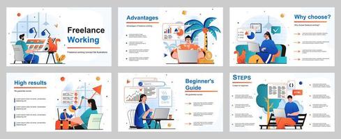 Freelance working concept for presentation slide template. Designers, analysts, programmers work remotely from home offices, seaside resort, coffee shop or park. Vector illustration for layout design