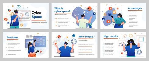 Cyberspace concept for presentation slide template. People uses virtual reality glasses, gaming, working and learning at interactive space with VR simulation. Vector illustration for layout design