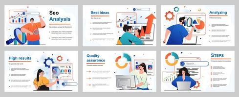 Seo analysis concept for presentation slide template. People analyze website, optimize interface and improve content, promote it to top search, develop strategy. Vector illustration for layout design