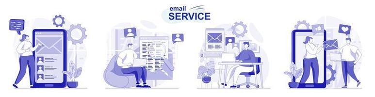 Email service isolated set in flat design. People send and receive letters, personal correspondence, collection of scenes. Vector illustration for blogging, website, mobile app, promotional materials.