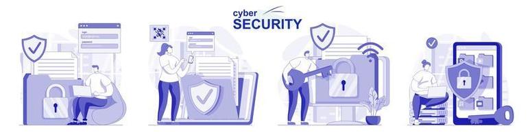 Cyber security isolated set in flat design. People using safety account access, online protection, collection of scenes. Vector illustration for blogging, website, mobile app, promotional materials.