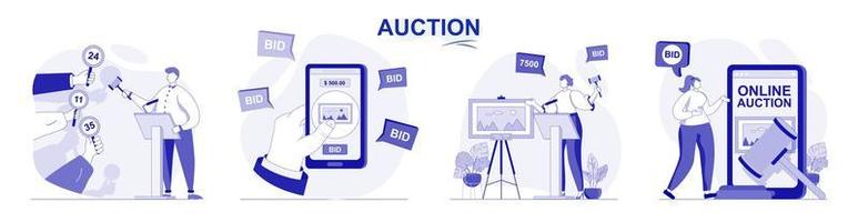 Auction isolated set in flat design. People selling and buying painting art, buyers bidding lots collection of scenes. Vector illustration for blogging, website, mobile app, promotional materials.