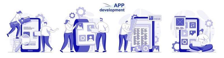 App development isolated set in flat design. People program and develop software for mobile phone collection of scenes. Vector illustration for blogging, website, mobile app, promotional materials.