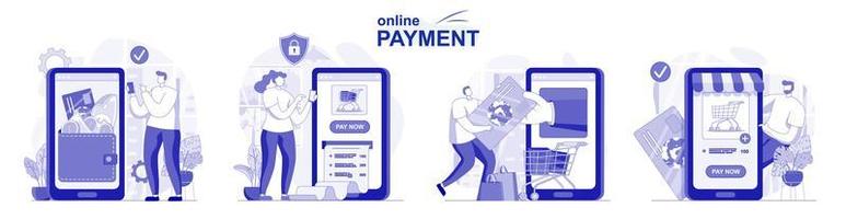 Online payment isolated set in flat design. People making banking transactions using applications, collection of scenes. Vector illustration for blogging, website, mobile app, promotional materials.