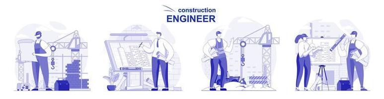 Construction engineer isolated set in flat design. People draw blueprint, work on construction site, collection of scenes. Vector illustration for blogging, website, mobile app, promotional materials.