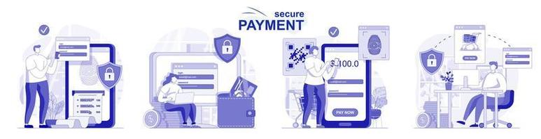 Secure payment isolated set in flat design. People make safe financial transactions, online banking, collection of scenes. Vector illustration for blogging, website, mobile app, promotional materials.