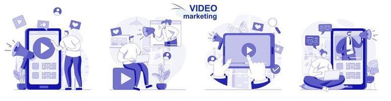 Video marketing isolated set in flat design. People create and posting content, online promotion, collection of scenes. Vector illustration for blogging, website, mobile app, promotional materials.