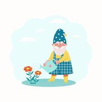 little dwarf waters the flowers in the garden. Vector characters in flat style