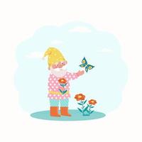 Little dwarf catching a butterfly. Vector characters in flat style