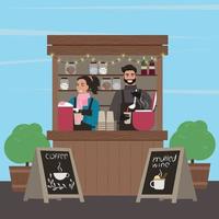 Counters Stalls. Stall with coffee and mulled wine. The guy and the girl sell. Vector illustration