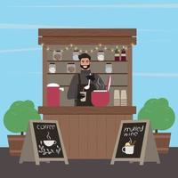 Stall counter. The guy sells mulled wine. Hot drinks. Vector illustration