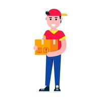 Fast delivery boy character flat style design vector illustration. Delivery boy with the box in his hands. Symbol of delivery company. fast and free.